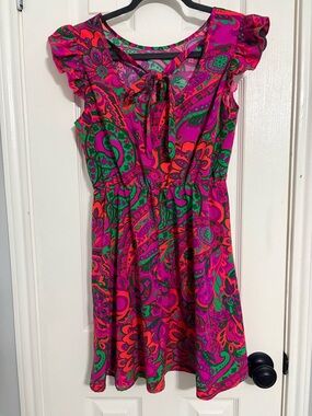 SHEIN Pink & Green Paisley Tie-Neck Flutter Sleeve Dress